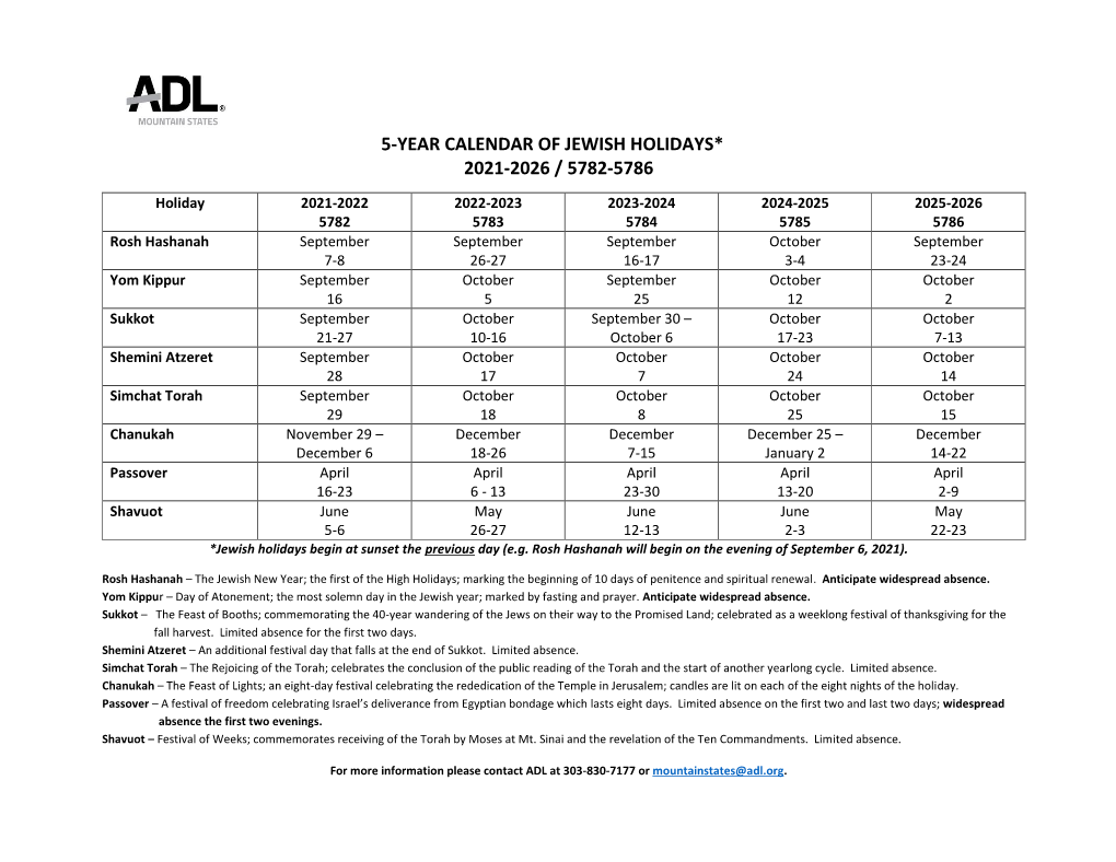 5-Year Calendar of Jewish Holidays* 2021-2026 / 5782-5786