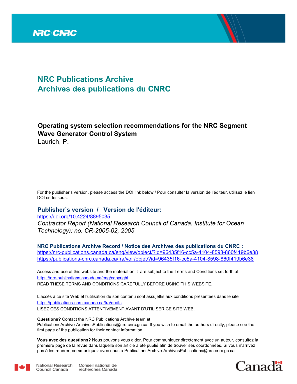 Operating System Selection Recommendations for the NRC Segment Wave Generator Control System Laurich, P