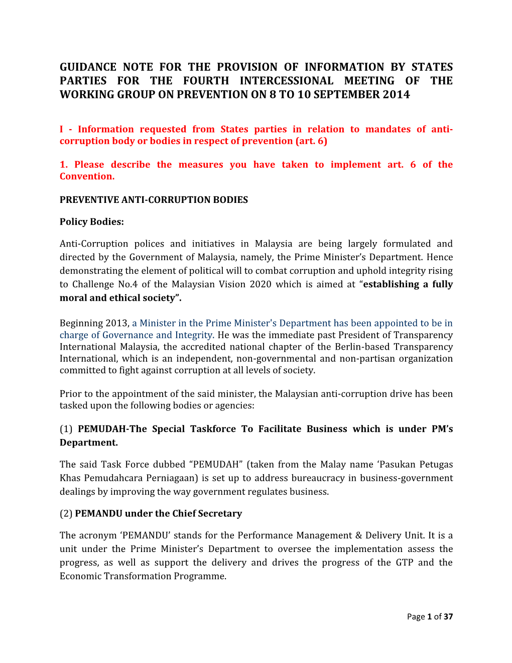 Guidance Note for the Provision of Information by States Parties for the Fourth Intercessional Meeting of the Working Group on Prevention on 8 to 10 September 2014