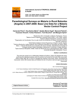Parasitological Surveys on Malaria in Rural Balombo (Angola) in 2007-2008: Base Line Data for a Malaria Vector Control Project