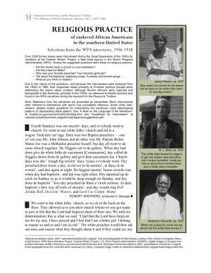 Religious Practice of Enslaved African Americans, Selections from The