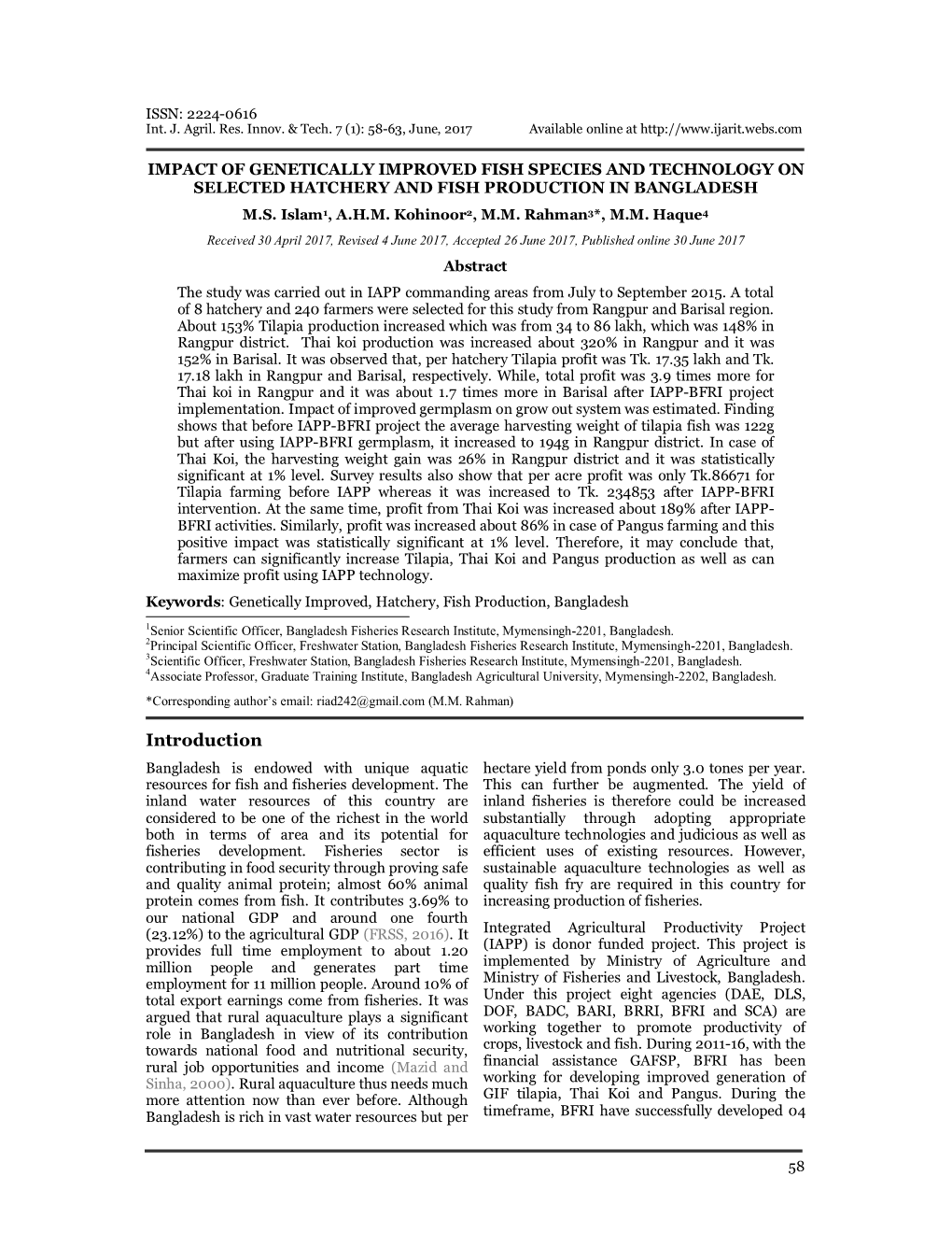 Impact of Genetically Improved Fish Species and Technology on Selected Hatchery and Fish Production in Bangladesh