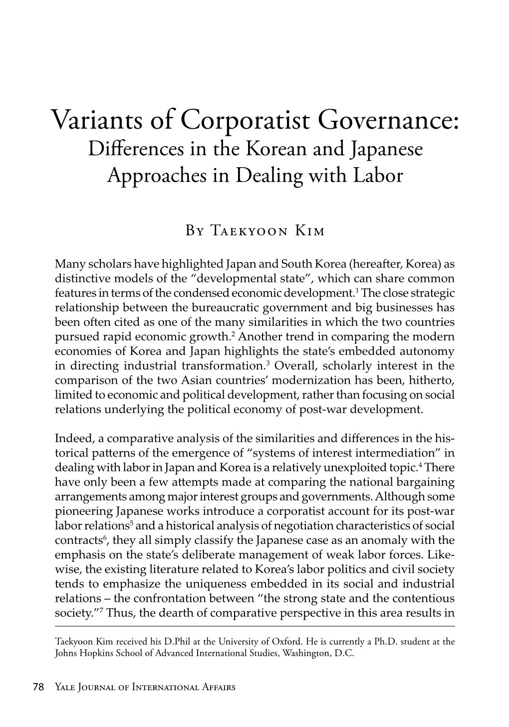 Variants of Corporatist Governance: Differences in the Korean and Japanese Approaches in Dealing with Labor