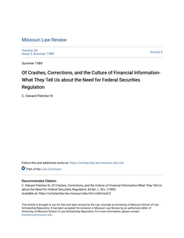 Of Crashes, Corrections, and the Culture of Financial Information- What They Tell Us About the Need for Federal Securities Regulation
