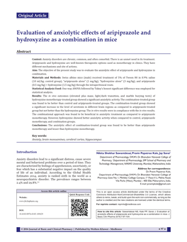 Evaluation of Anxiolytic Effects of Aripiprazole and Hydroxyzine As a Combination in Mice