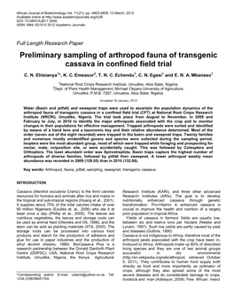 Preliminary Sampling of Arthropod Fauna of Transgenic Cassava in Confined Field Trial