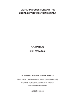 Agrarian Question and the Local Governments in Kerala