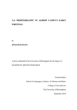 'La Méditerranée in Albert Camus's Early Writings
