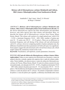 Release Call of Odontophrynus Cultripes Reinhardt and Lütken, 1862 (Anura: Odontophrynidae) from Southeastern Brazil