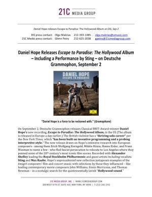 Daniel Hope Releases Escape to Paradise: the Hollywood Album on DG, Sep 2
