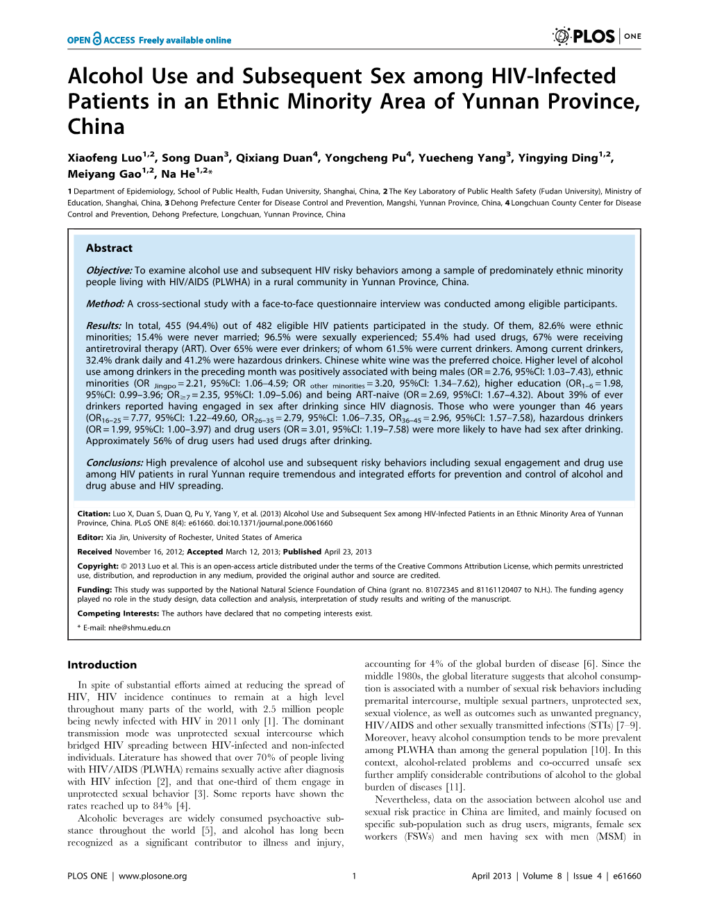 Alcohol Use and Subsequent Sex Among HIV-Infected Patients in an Ethnic Minority Area of Yunnan Province, China