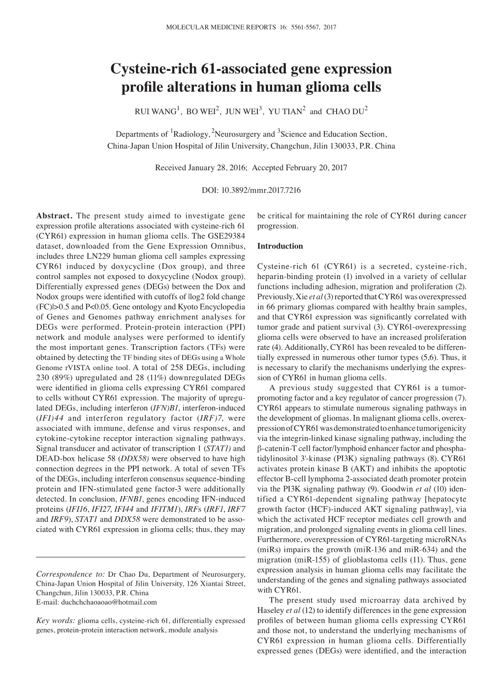 Cysteine‑Rich 61‑Associated Gene Expression Profile Alterations in Human Glioma Cells