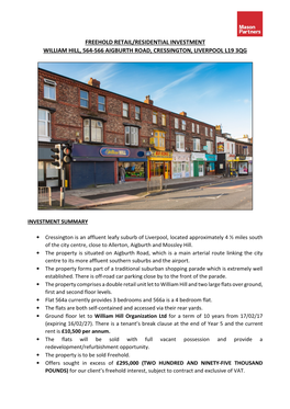 Freehold Retail/Residential Investment William Hill, 564-566 Aigburth Road, Cressington, Liverpool L19 3Qg