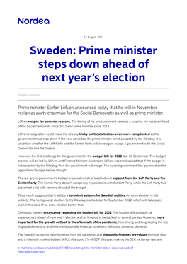 Sweden: Prime Minister Steps Down Ahead of Next Year's Election