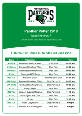 Panther Patter 2018 Issue Number: 7 a Weekly Bulletin for the Penshurst RSL Panthers JAFC