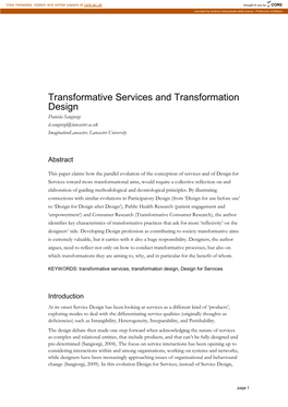 Transformative Services and Transformation Design Daniela Sangiorgi D.Sangiorgi@Lancaster.Ac.Uk Imaginationlancaster, Lancaster University