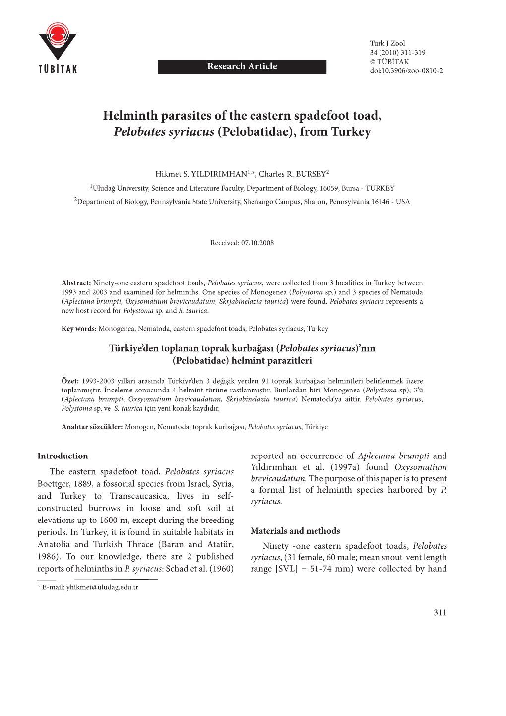 Helminth Parasites of the Eastern Spadefoot Toad, Pelobates Syriacus (Pelobatidae), from Turkey