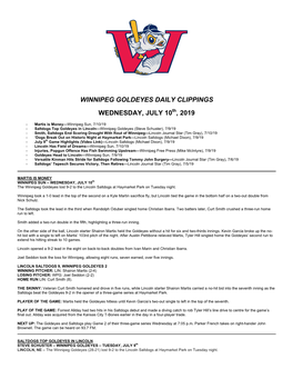 Winnipeg Goldeyes Daily Clippings Wednesday, July 10 , 2019