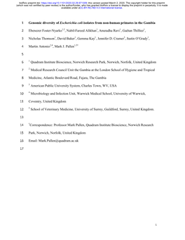 Genomic Diversity of Escherichia Coli Isolates from Non-Human Primates in the Gambia