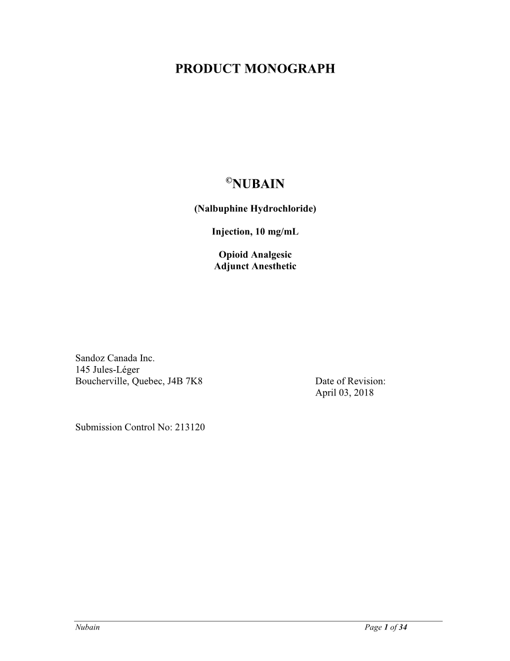 Nubain Product Monograph.Pdf