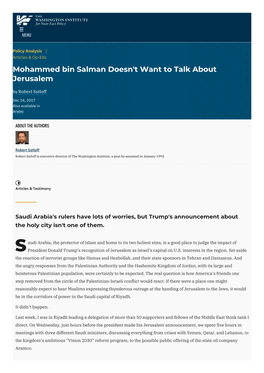 Mohammed Bin Salman Doesn't Want to Talk About Jerusalem by Robert Satloff