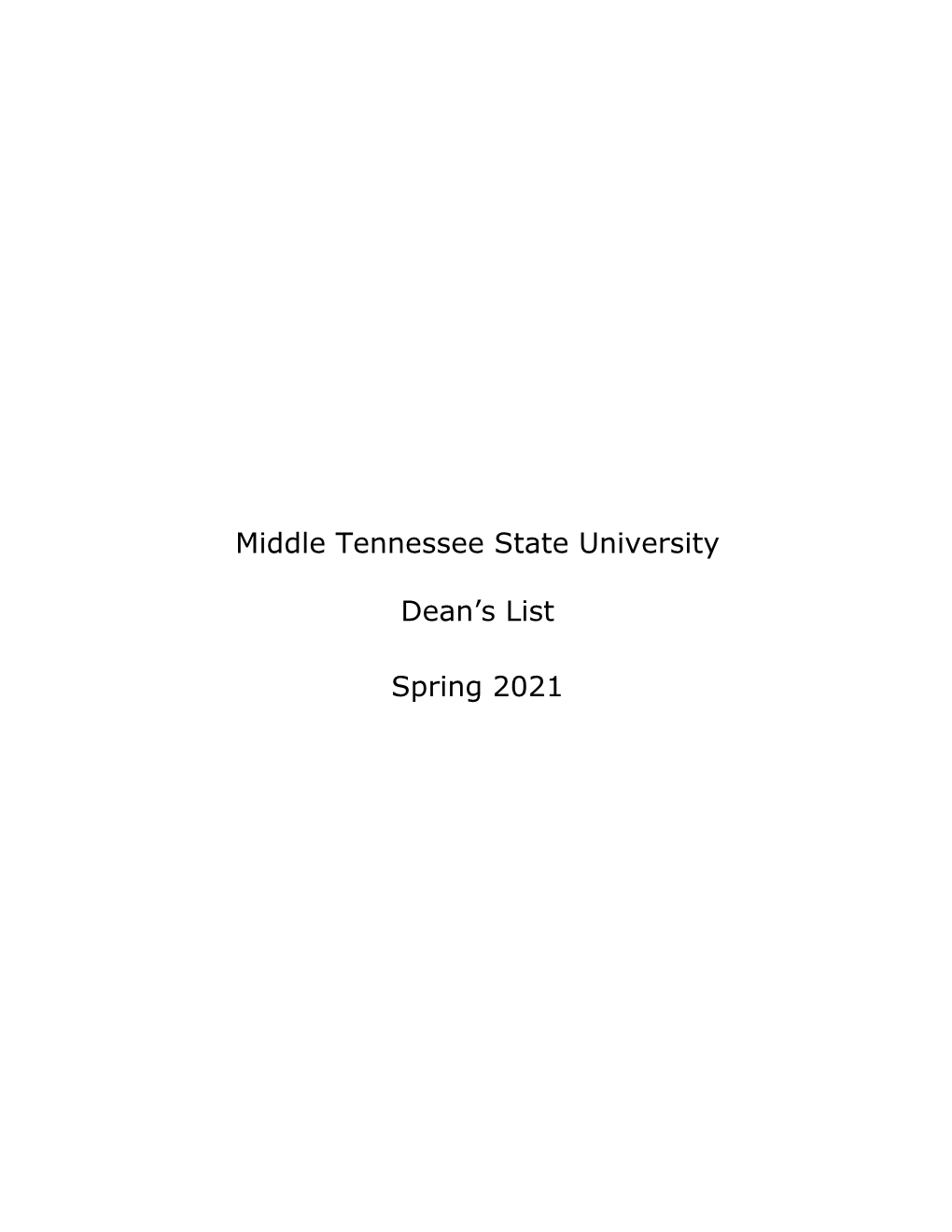 Middle Tennessee State University Dean's List Spring 2021