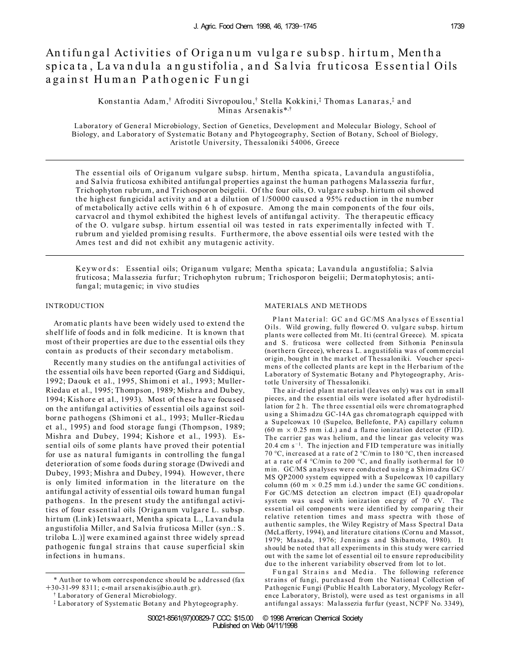 Antifungal Activities Of Origanum Vulgare Subsp Hirtum Mentha Spicata Lavandula Angustifolia 3177