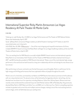 International Superstar Ricky Martin Announces Las Vegas Residency at Park Theater at Monte Carlo