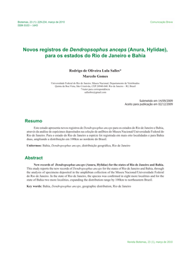 Novos Registros De Dendropsophus Anceps (Anura, Hylidae), Para Os Estados Do Rio De Janeiro E Bahia