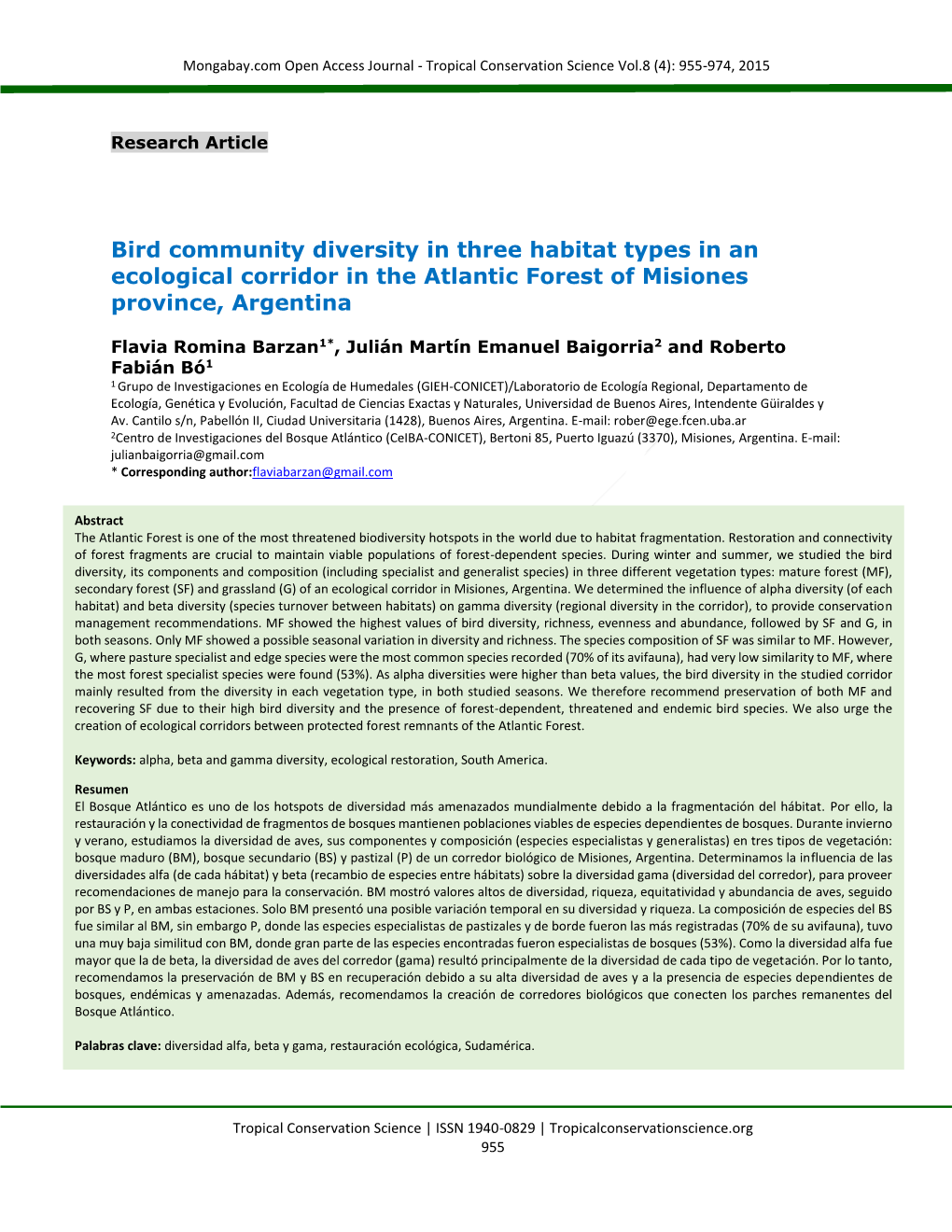 Bird Community Diversity in Three Habitat Types in an Ecological Corridor in the Atlantic Forest of Misiones Province, Argentina