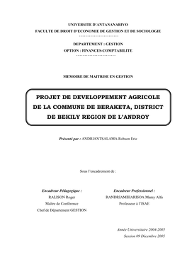 Projet De Developpement Agricole De La Commune De Beraketa, District De Bekily Region De L'androy
