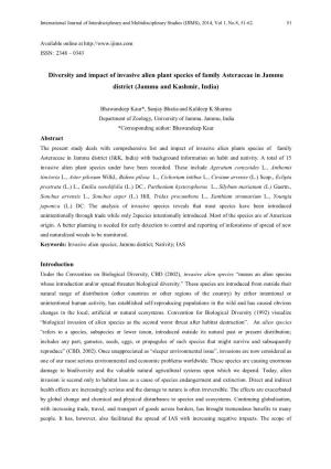 Diversity and Impact of Invasive Alien Plant Species of Family Asteraceae in Jammu District (Jammu and Kashmir, India)