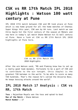 CSK Vs RR 17Th Match IPL 2018 Highlights : Watson 100 Watt Century at Pune