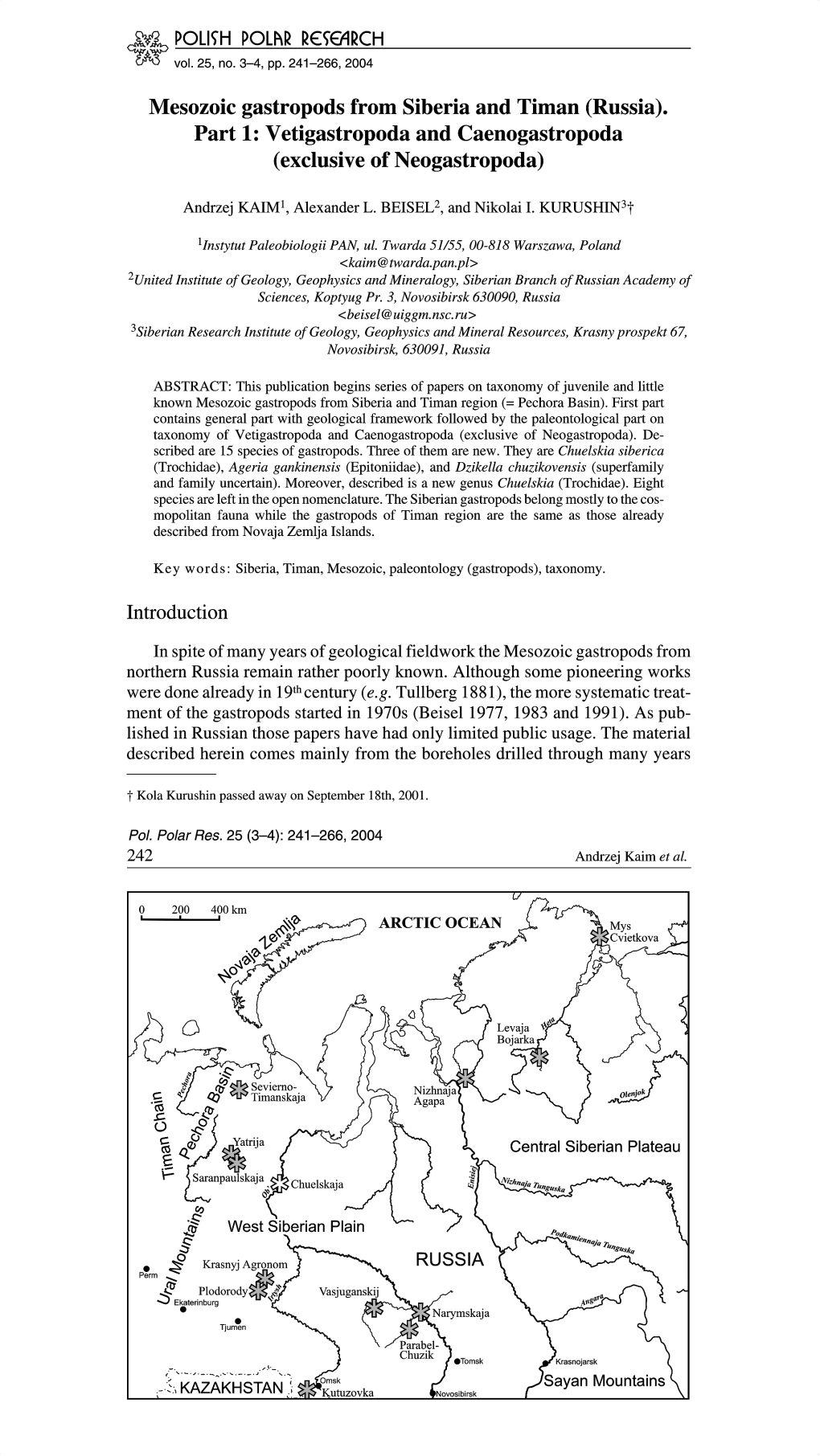 Mesozoic Gastropods from Siberia and Timan (Russia). Part 1: Vetigastropoda and Caenogastropoda (Exclusive of Neogastropoda)