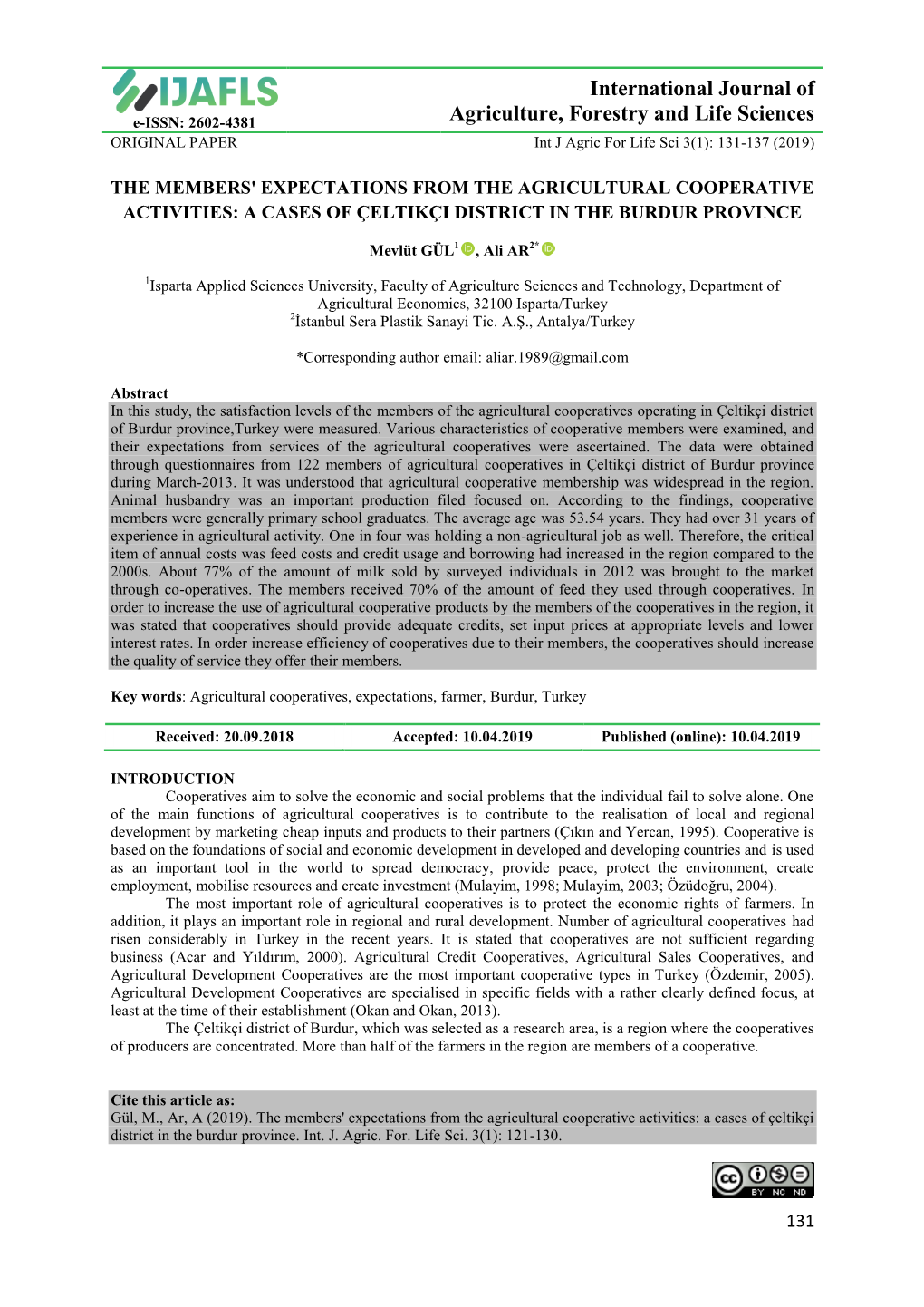 International Journal of Agriculture, Forestry and Life Sciences