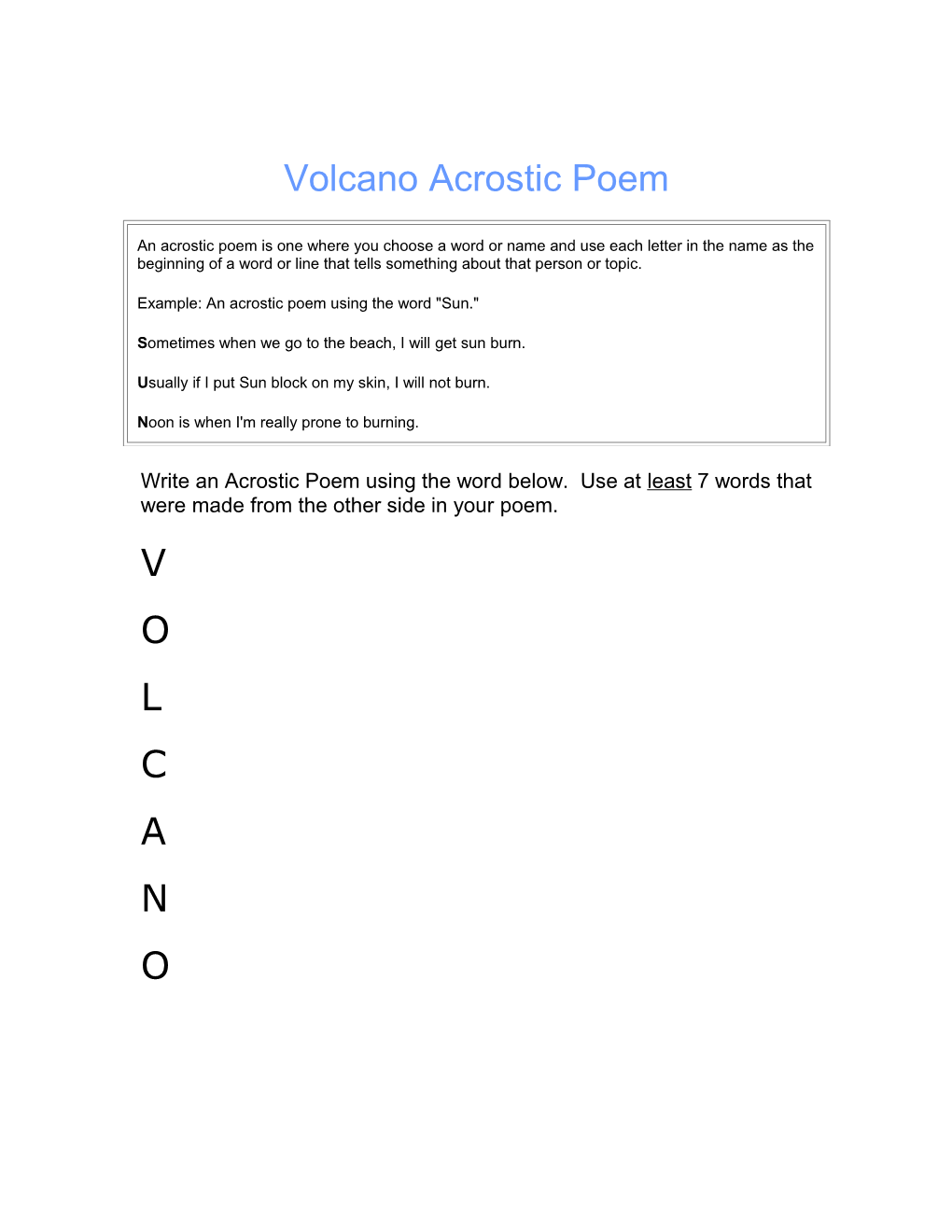 Volcano Acrostic Poem