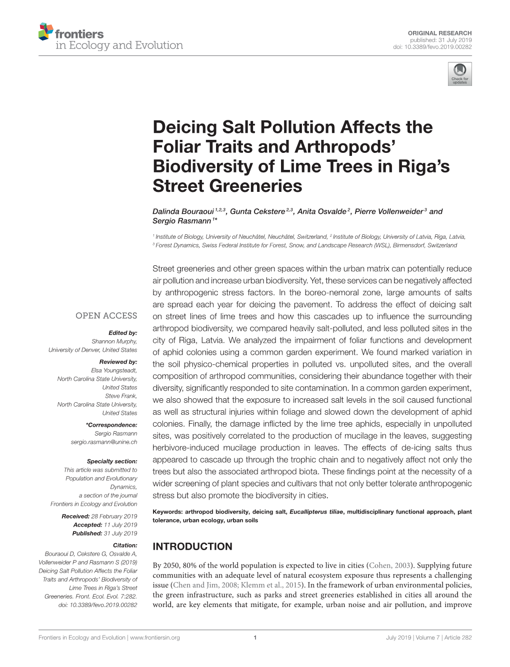 Deicing Salt Pollution Affects the Foliar Traits and Arthropods’ Biodiversity of Lime Trees in Riga’S Street Greeneries