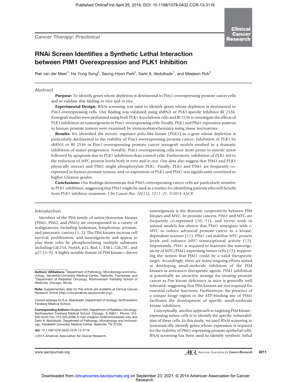 Rnai Screen Identifies a Synthetic Lethal Interaction Between PIM1 Overexpression and PLK1 Inhibition