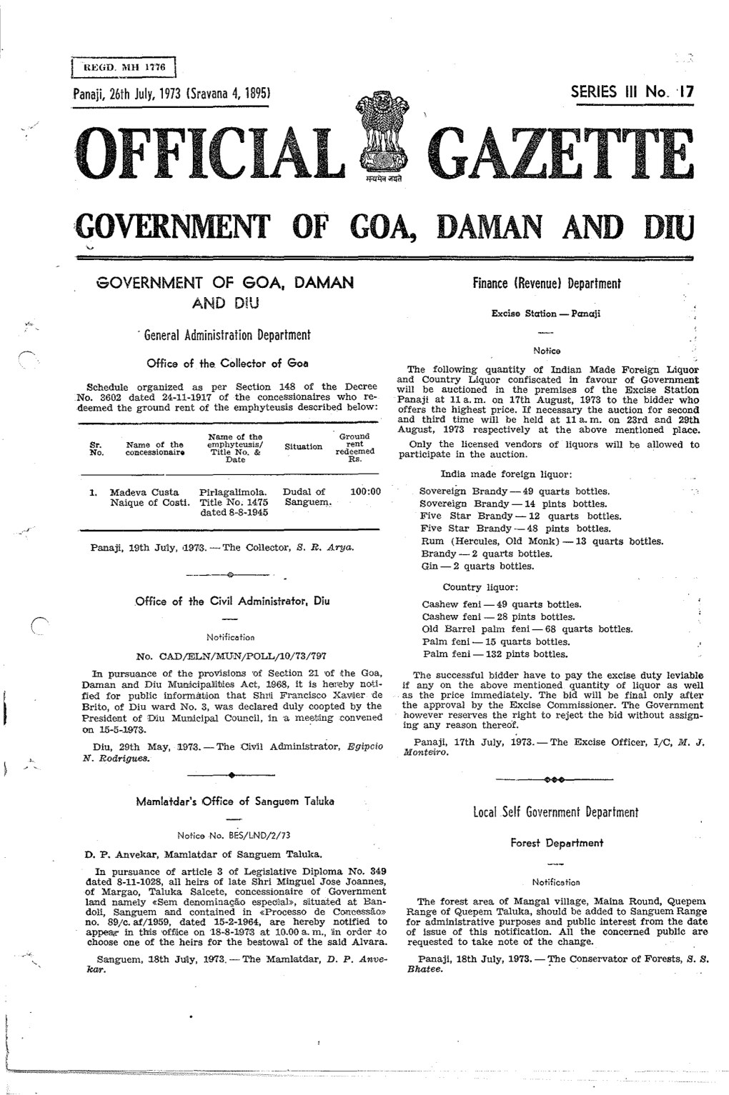 Official Gazette ,Government of Goa, Daman and Diu