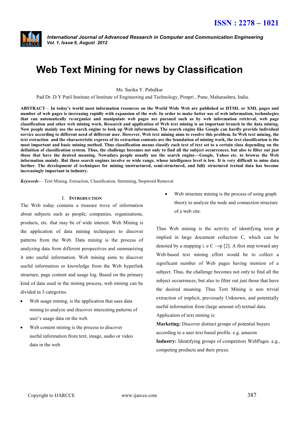 Web Text Mining for News by Classification