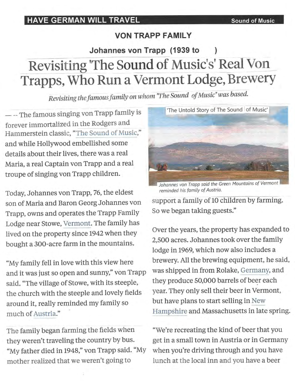 Revisiting 'The Sound of Music's' Real Von Trapps, Who Run a Vermont Lodge, Brewery Revisiting the Famous Family on Whom "The Sound Ofmusic" Was Based