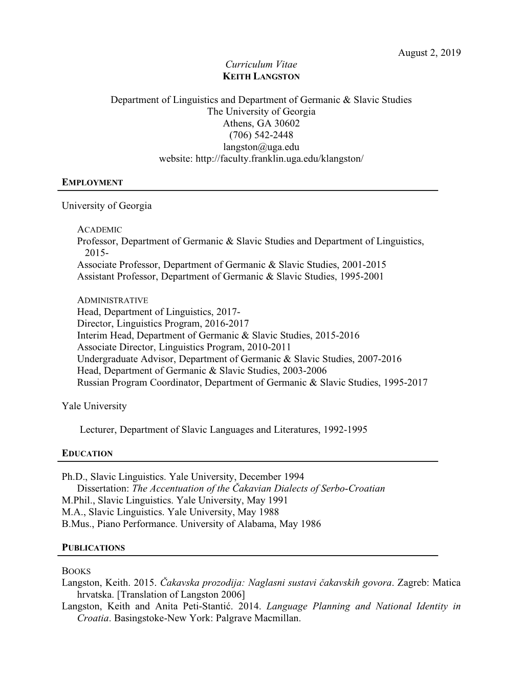 August 2, 2019 Curriculum Vitae Department of Linguistics And