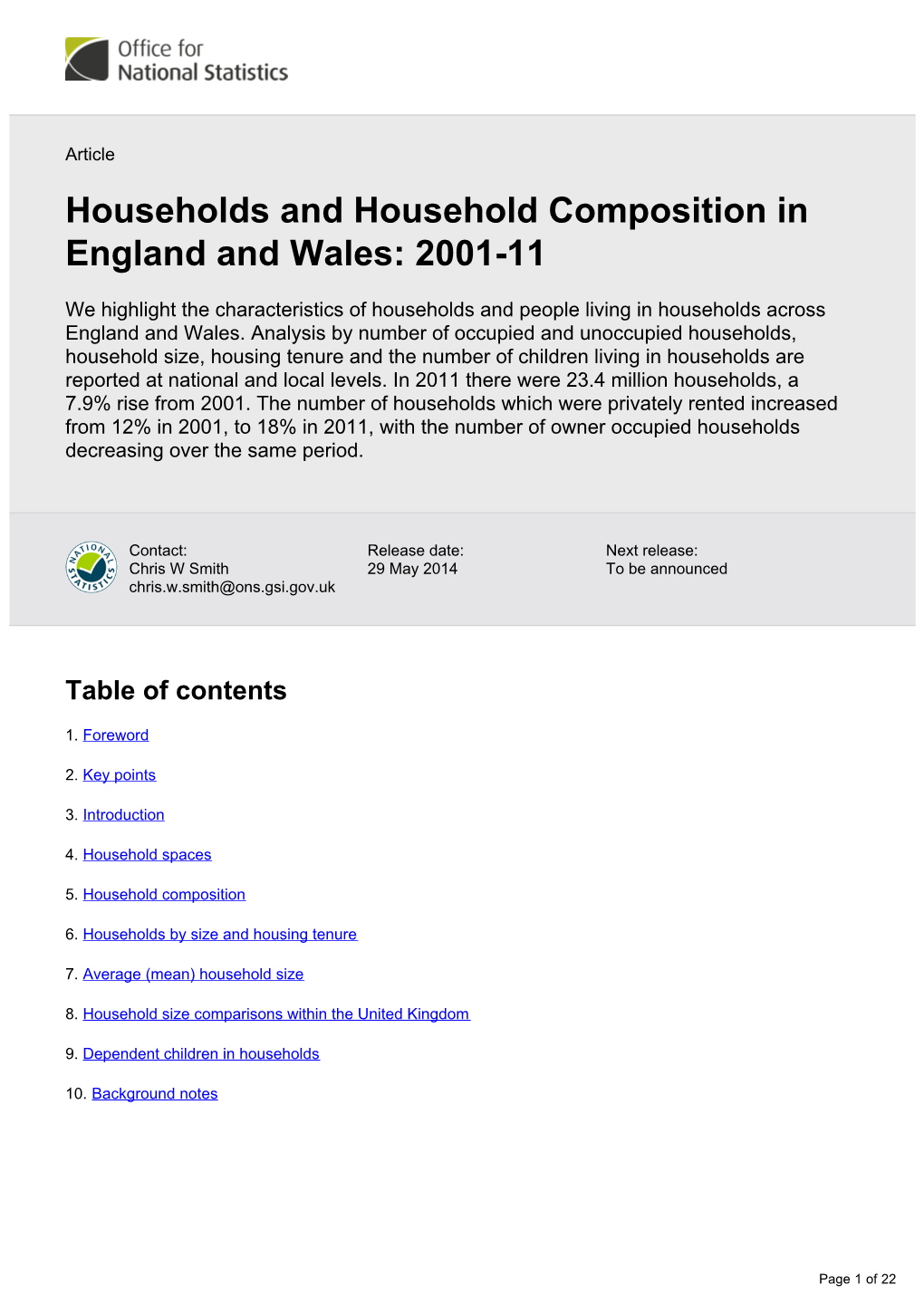 Households and Household Composition in England and Wales: 2001-11