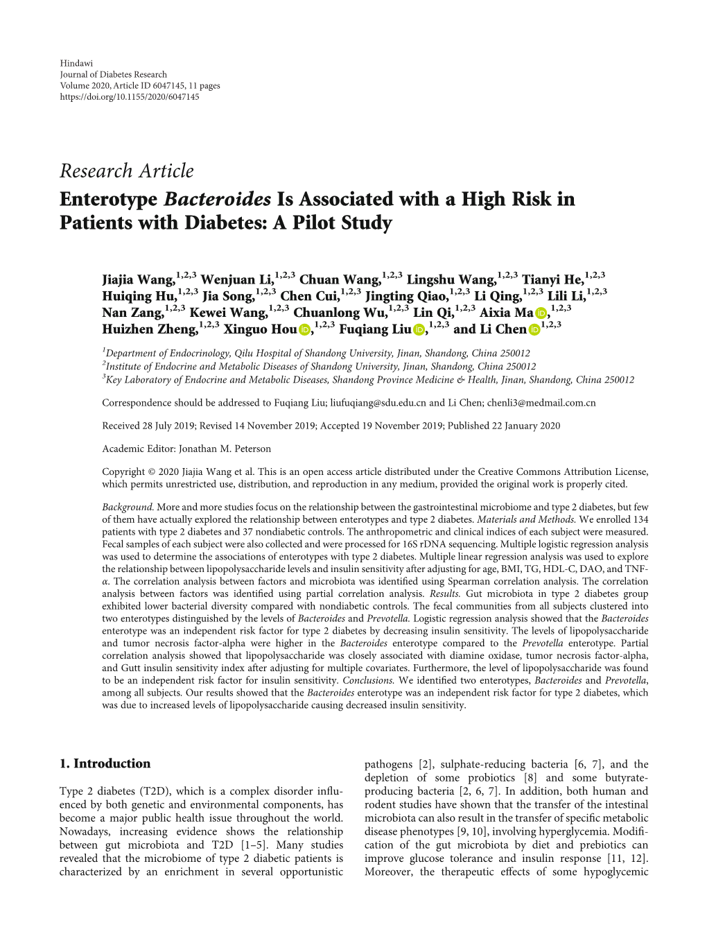 Research Article Enterotype Bacteroides Is Associated with a High Risk in Patients with Diabetes: a Pilot Study