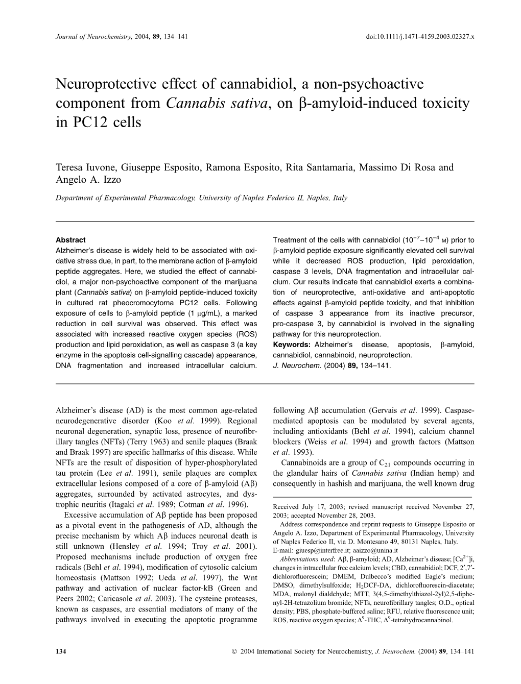 Neuroprotective Effect of Cannabidiol, a Non-Psychoactive Component from Cannabis Sativa, on Β-Amyloid-Induced Toxicity in PC12