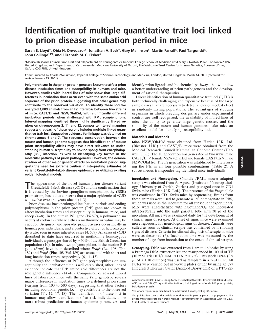 Identification of Multiple Quantitative Trait Loci Linked to Prion Disease Incubation Period in Mice