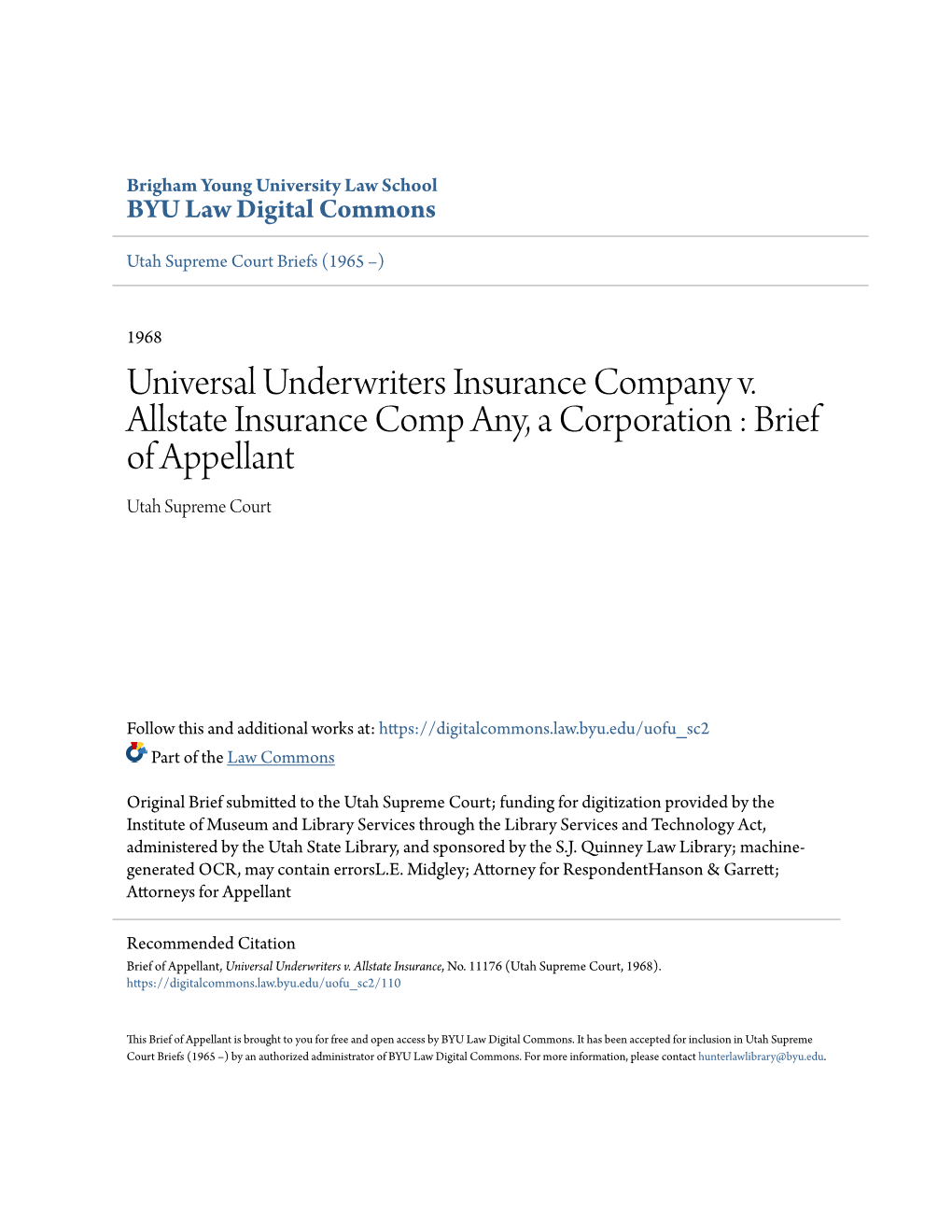 Universal Underwriters Insurance Company V. Allstate Insurance Comp Any, a Corporation : Brief of Appellant Utah Supreme Court