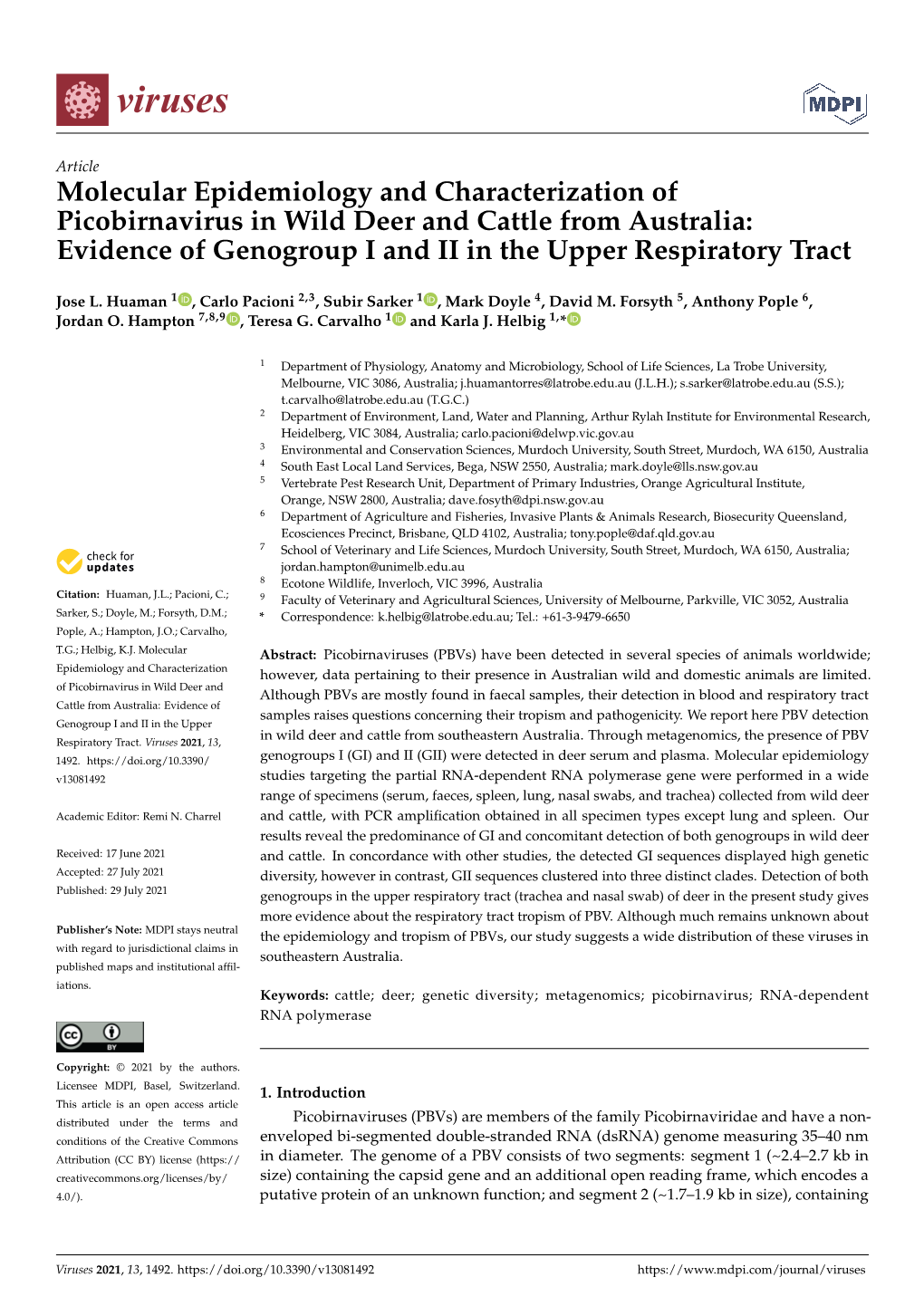 Molecular Epidemiology and Characterization of Picobirnavirus in Wild Deer and Cattle from Australia: Evidence of Genogroup I and II in the Upper Respiratory Tract