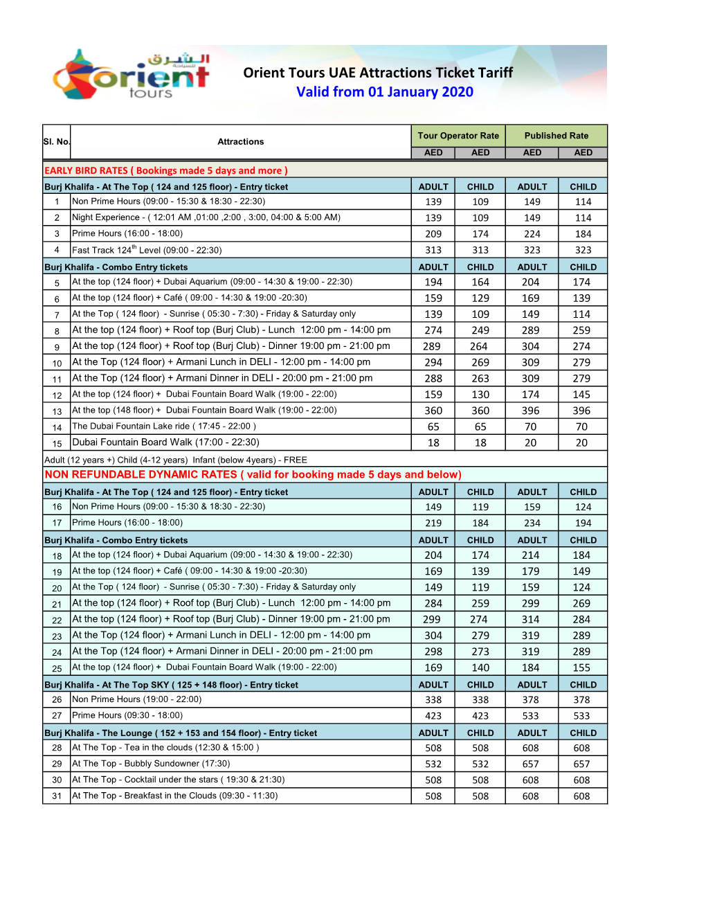 Orient Tours UAE Attractions Ticket Tariff Valid from 01 January 2020
