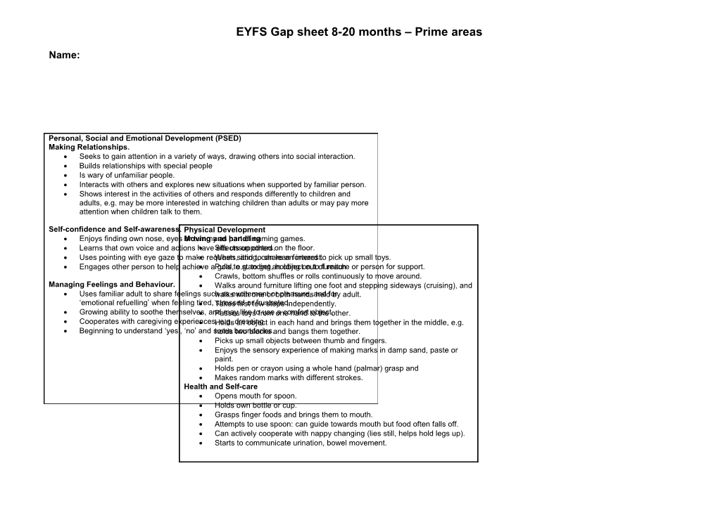 EYFS Gap Sheet 8-20 Months Prime Areas